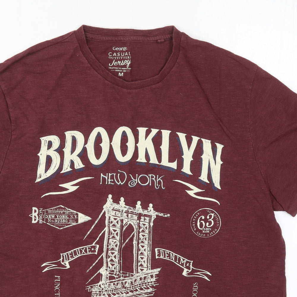 George Mens Red  Cotton  T-Shirt Size M Crew Neck  - Brooklyn