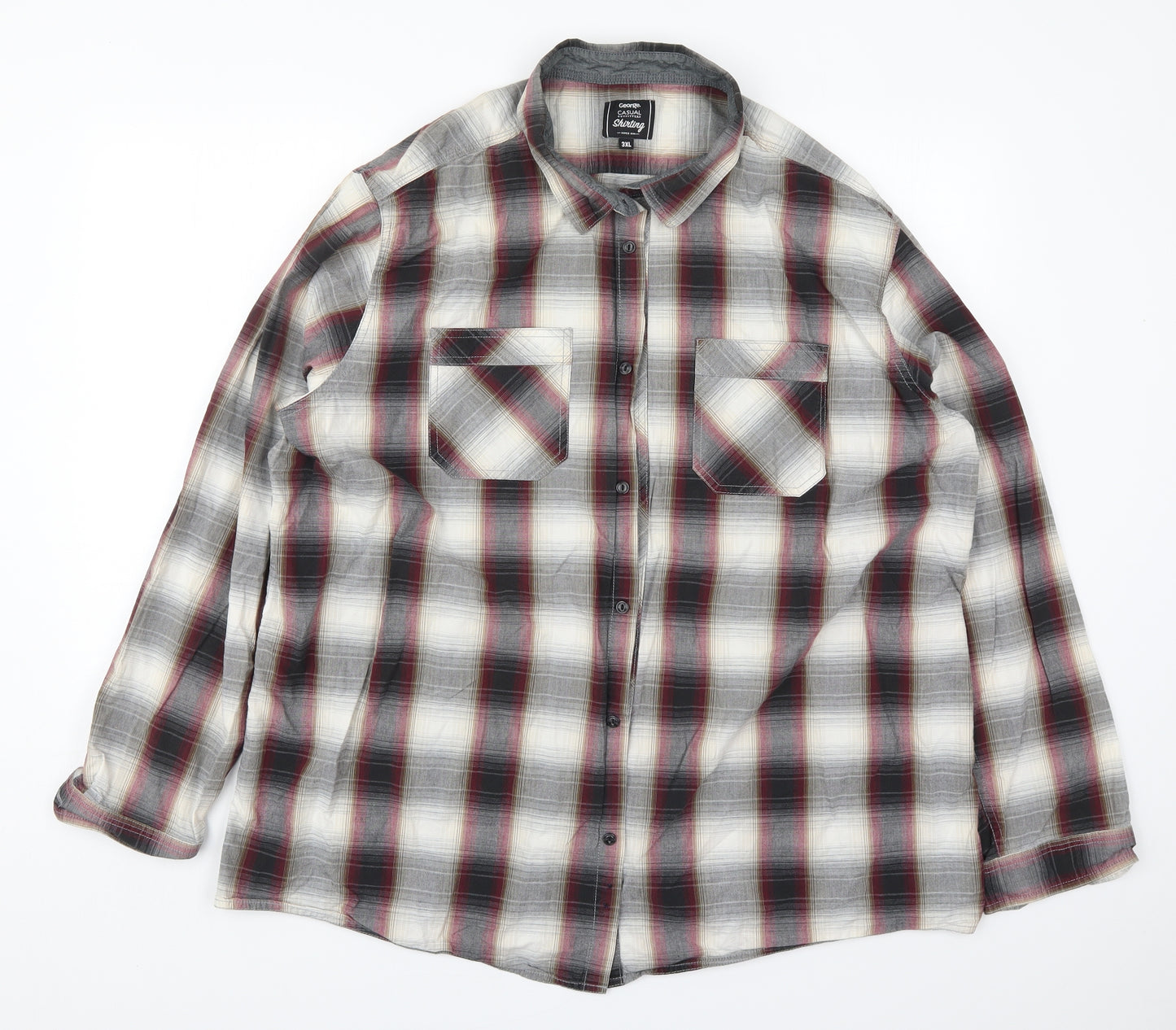 George Mens Red Check Cotton  Button-Up Size 3XL Collared Button - Grey