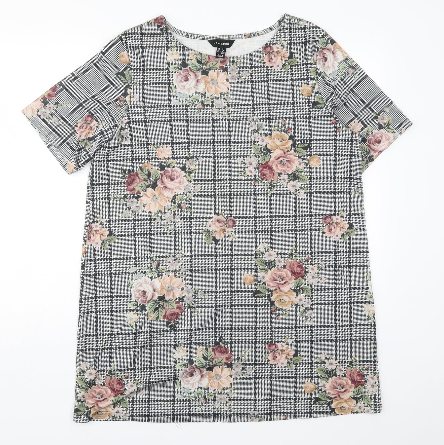 New Look Womens Black Houndstooth Polyester Basic T-Shirt Size 16 Round Neck - Flowers