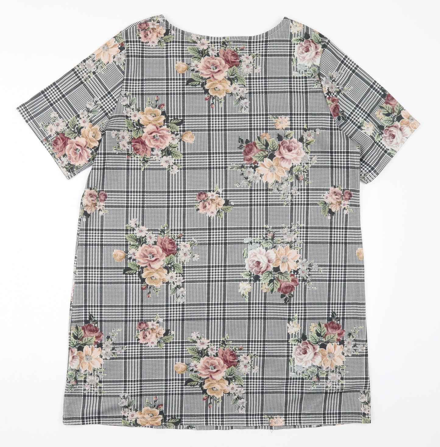 New Look Womens Black Houndstooth Polyester Basic T-Shirt Size 16 Round Neck - Flowers