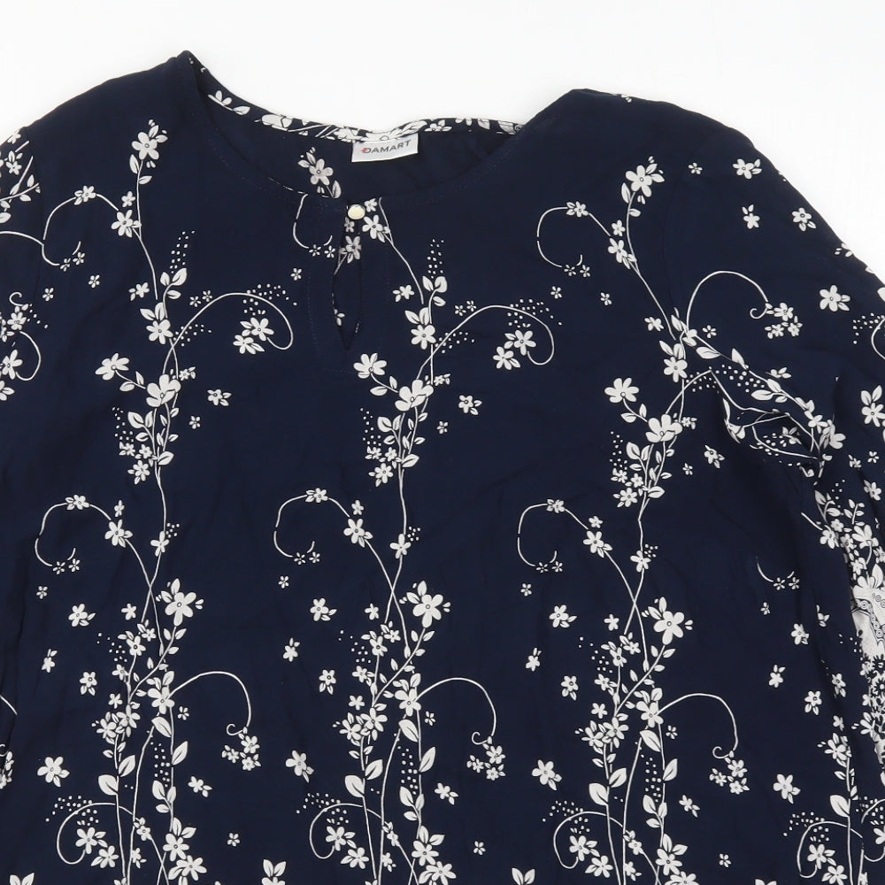 Damart Womens Blue Floral Viscose Basic Blouse Size 16 Round Neck
