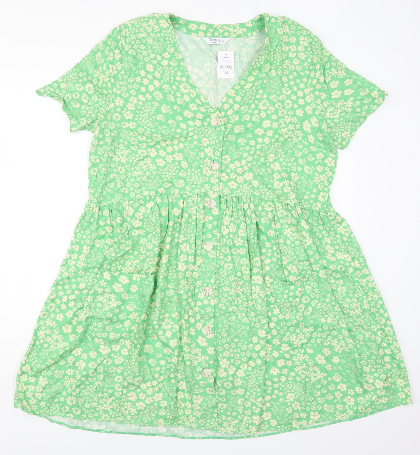Nutmeg Womens Green Floral Viscose A-Line  Size 14  V-Neck Pullover