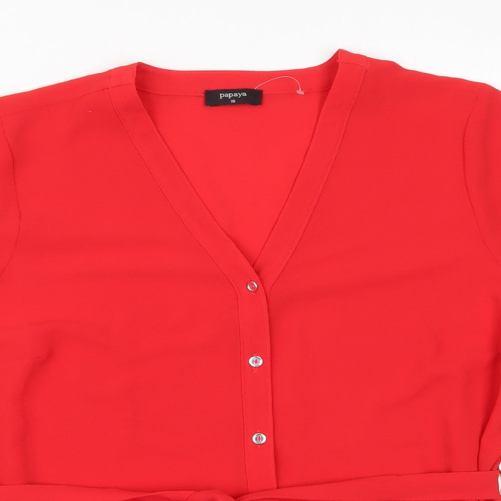 Papaya Womens Red  Polyester Basic Button-Up Size 16 V-Neck