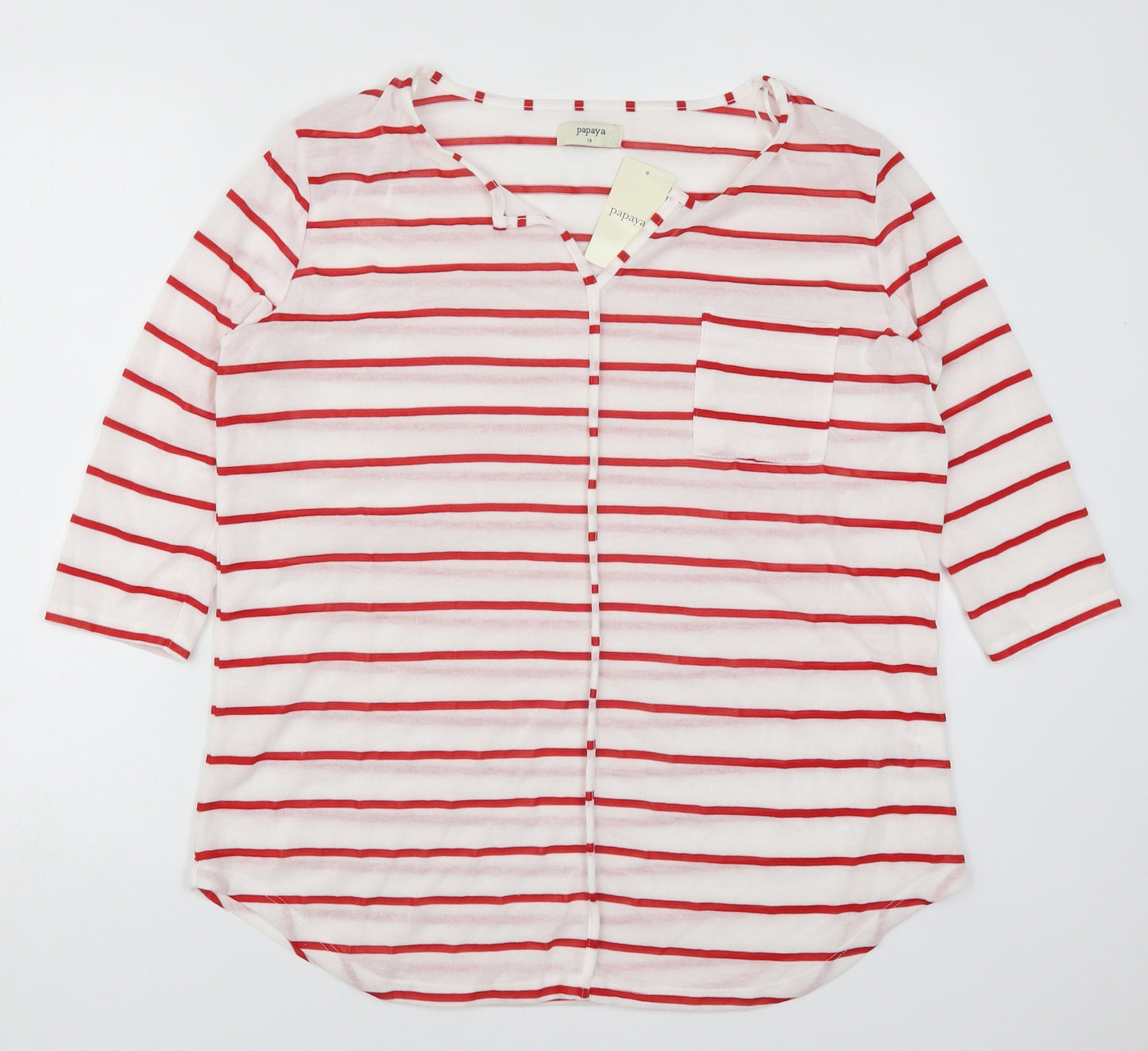 Papaya Womens Red Striped Polyester Basic T-Shirt Size 18 V-Neck