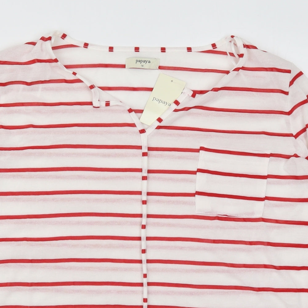 Papaya Womens Red Striped Polyester Basic T-Shirt Size 18 V-Neck