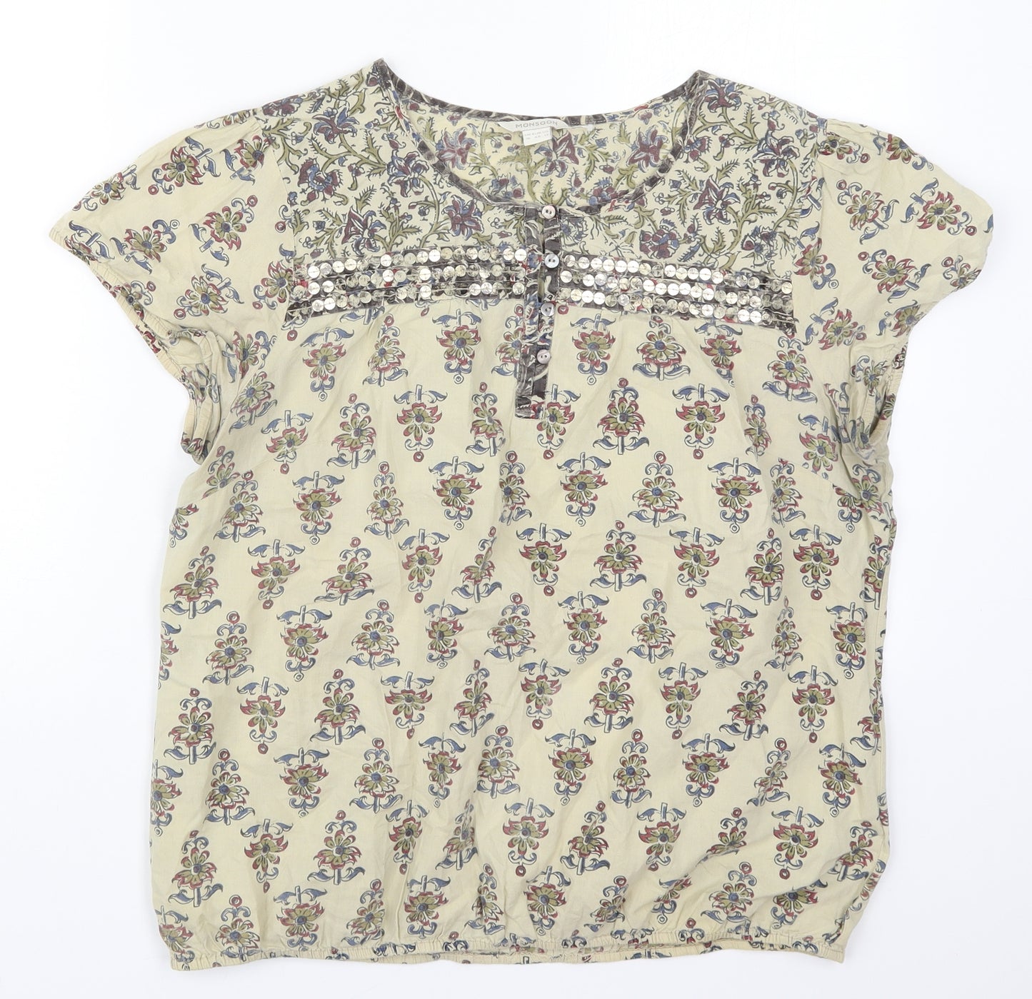 Monsoon Womens Beige Geometric Cotton Basic T-Shirt Size 16 Round Neck