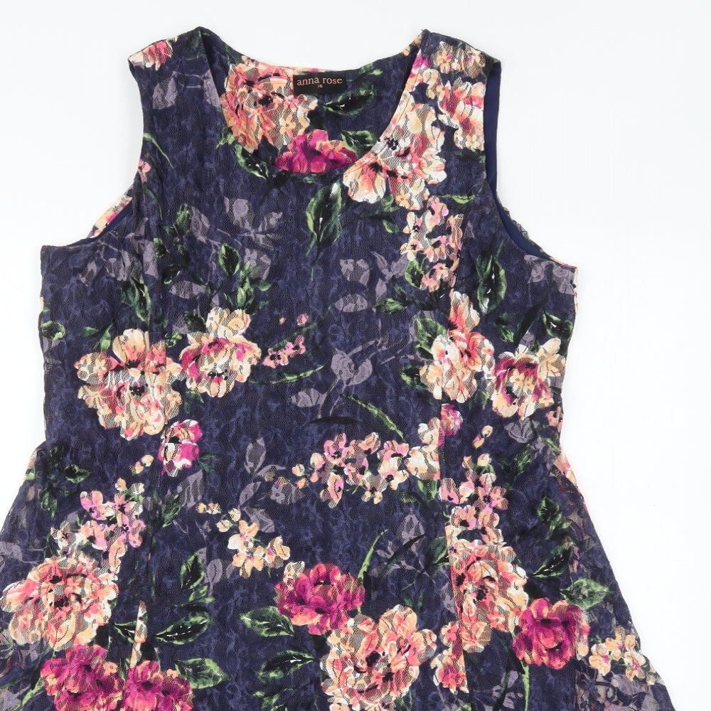 Anna Rose Womens Blue Floral Polyester A-Line  Size 16  Round Neck Pullover