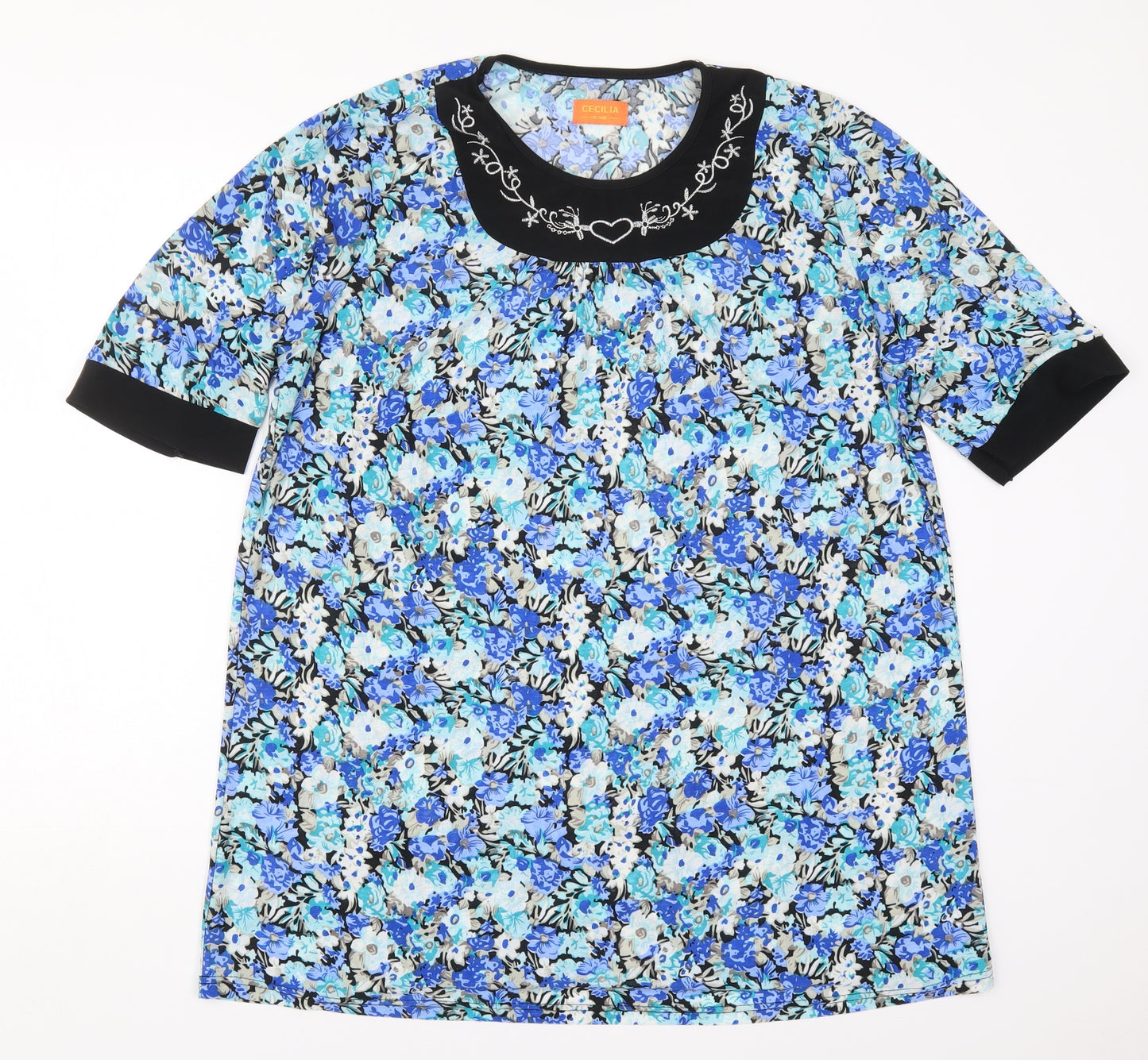 Cecilia Womens Blue Floral Polyester Basic T-Shirt Size XL Round Neck