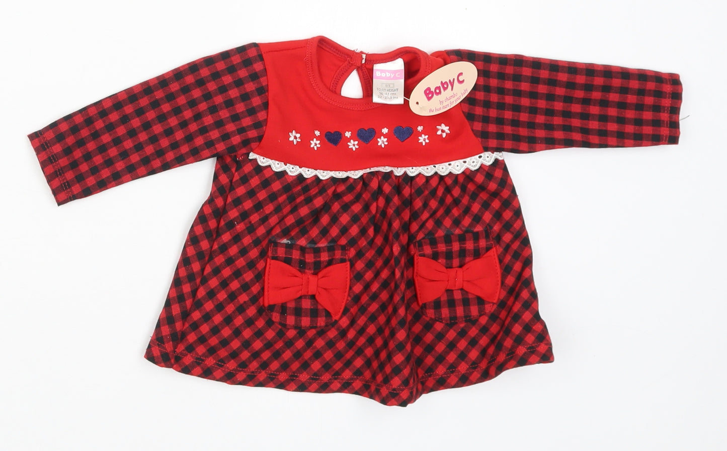 Baby C Girls Red Check Polyester Basic T-Shirt Size 0-3 Months Round Neck Button - Hearts