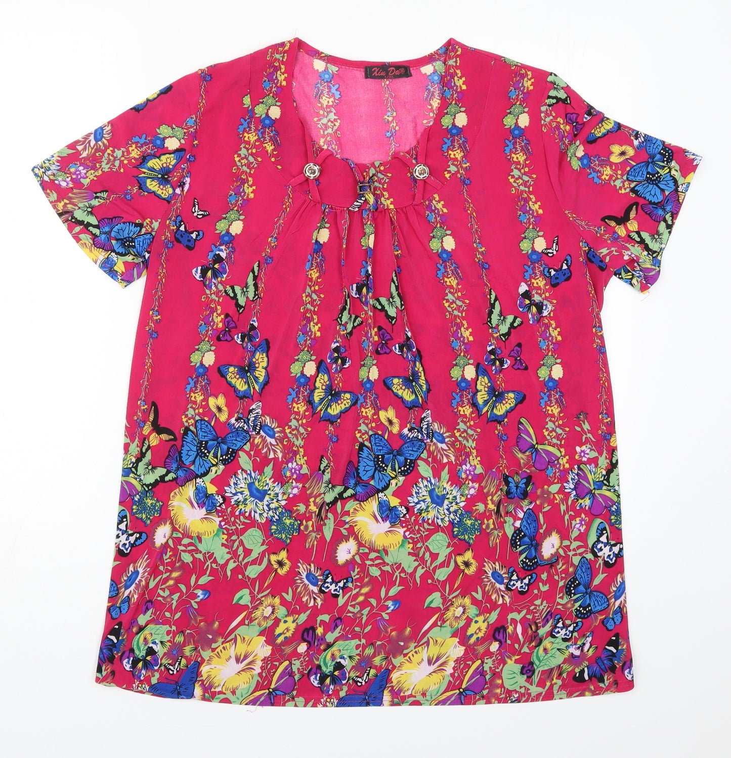 Xin Da Womens Multicoloured Floral Cotton Basic T-Shirt Size L Round Neck - Butterflies