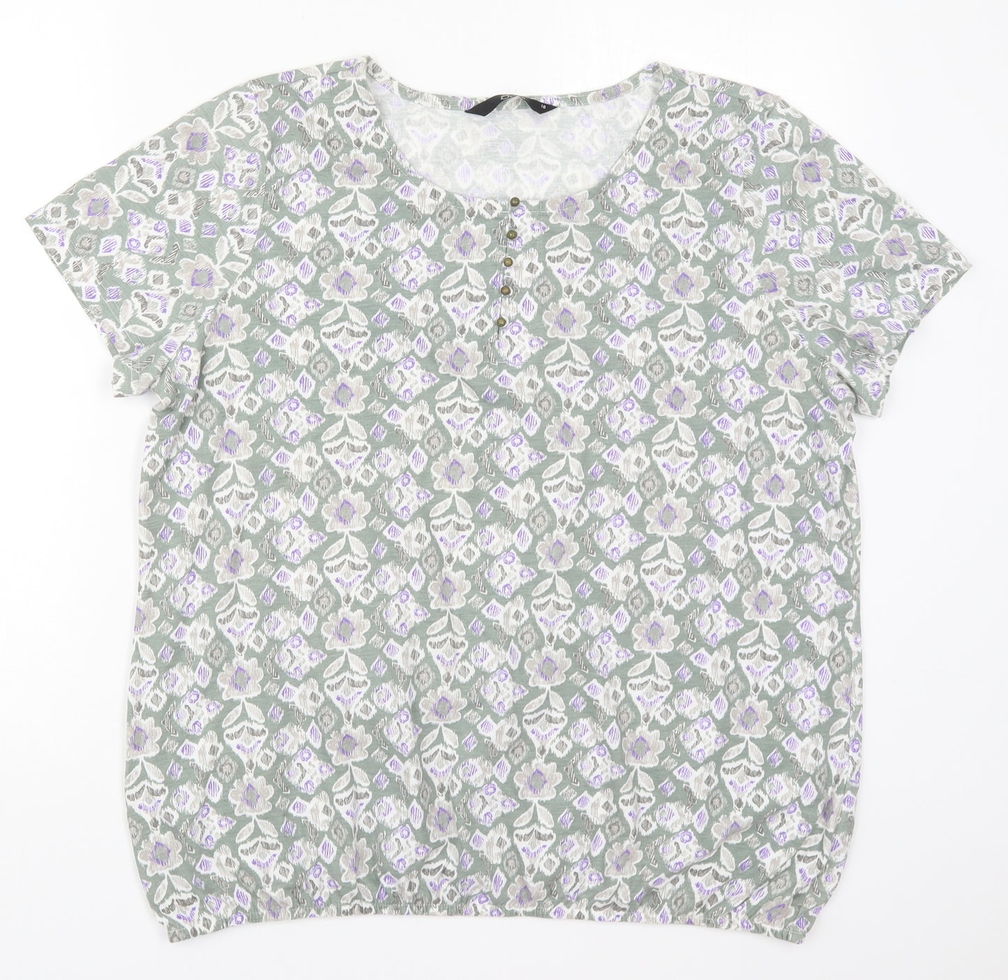 Bonmarché Womens Green Geometric Cotton Basic T-Shirt Size 18 Round Neck