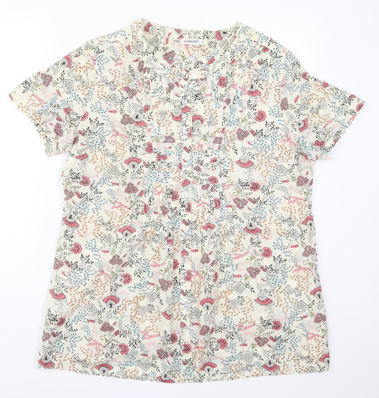Damart Womens Beige Floral Cotton Basic Button-Up Size 18 Round Neck