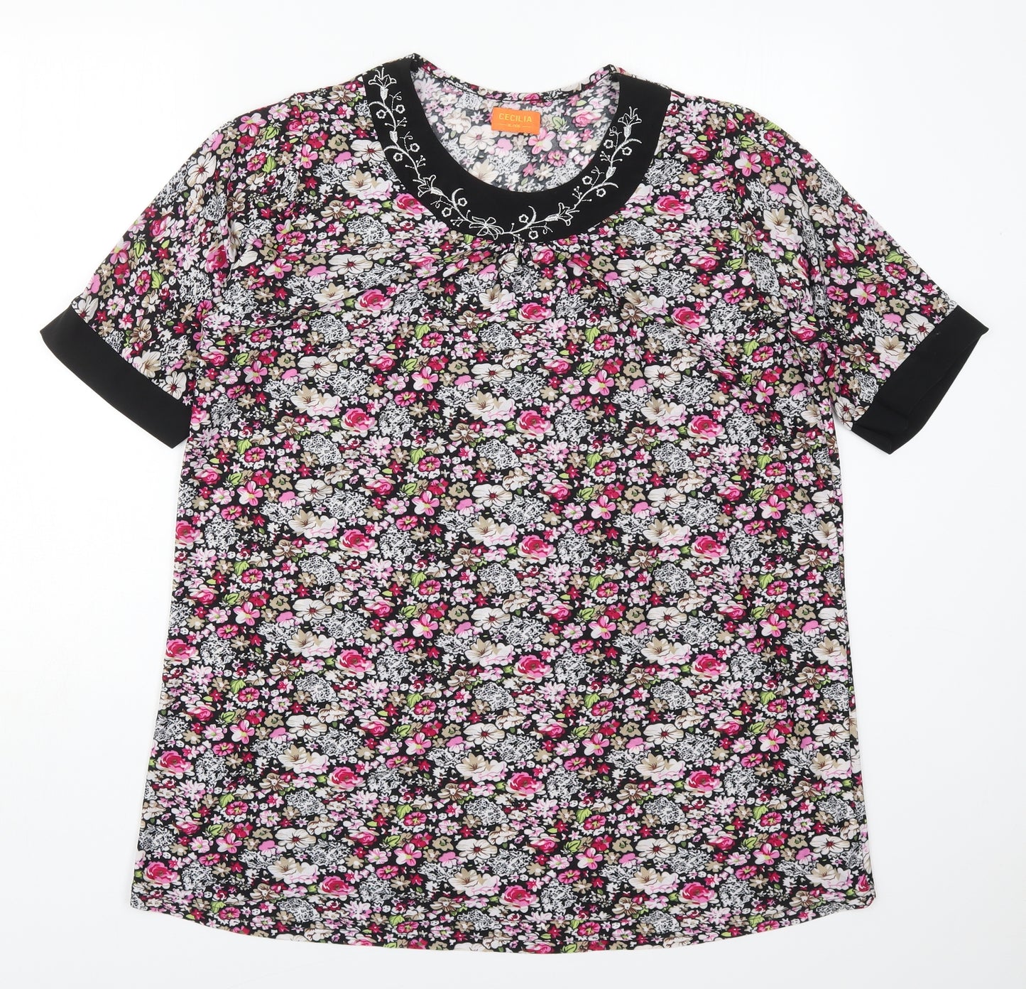 Cecilia Womens Multicoloured Floral Cotton Basic T-Shirt Size XL Round Neck