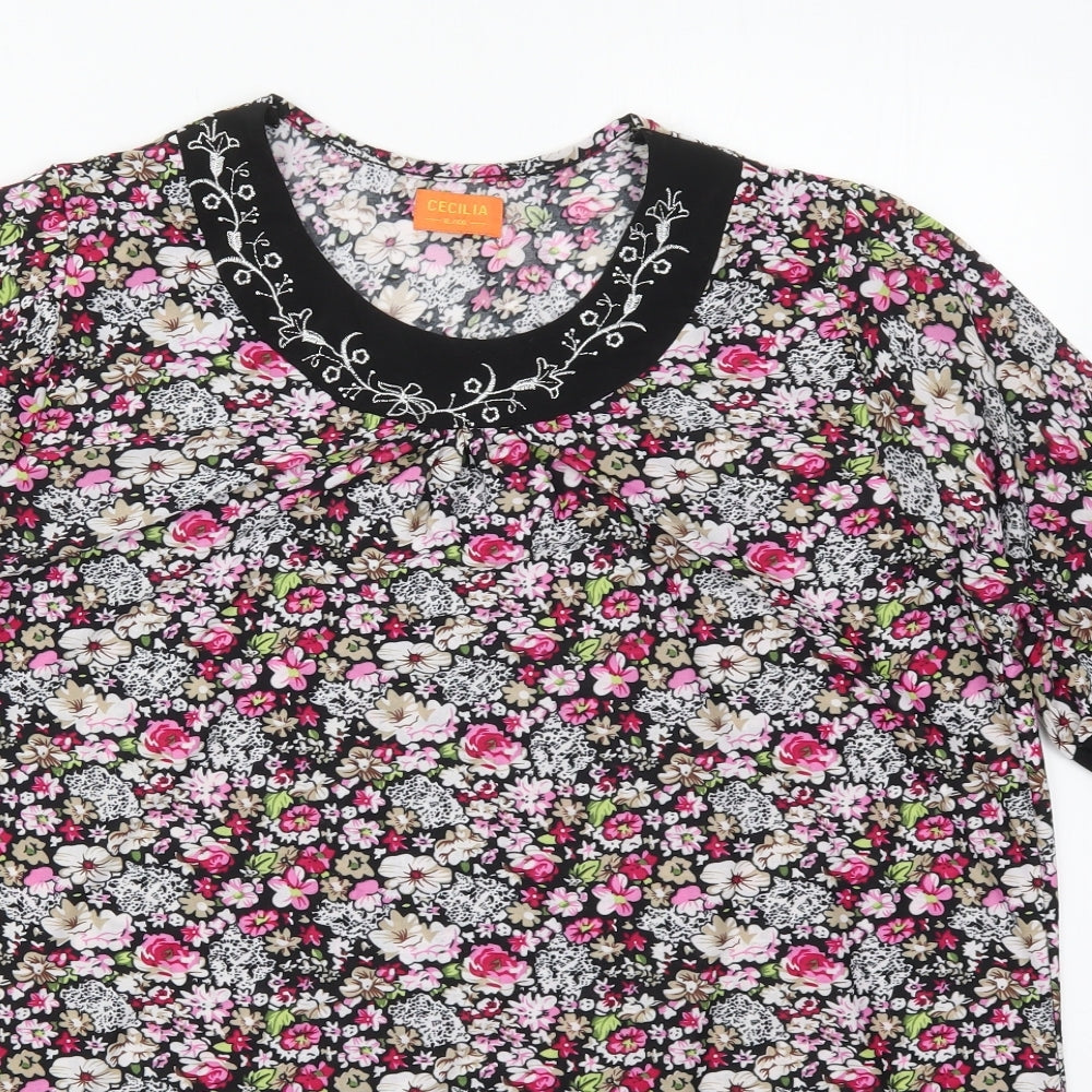 Cecilia Womens Multicoloured Floral Cotton Basic T-Shirt Size XL Round Neck