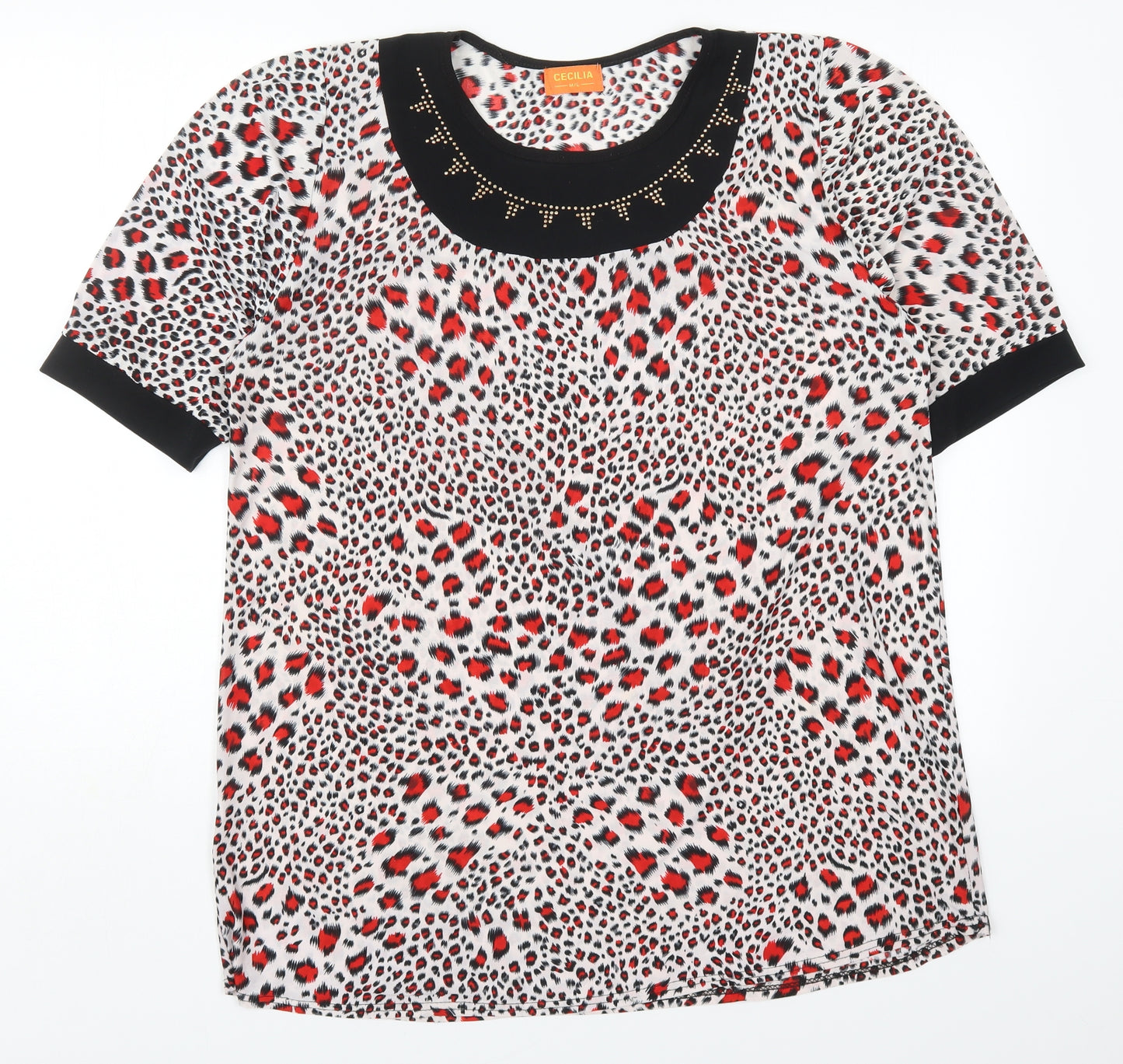 Cecilia Womens Red Animal Print Cotton Basic T-Shirt Size M Round Neck