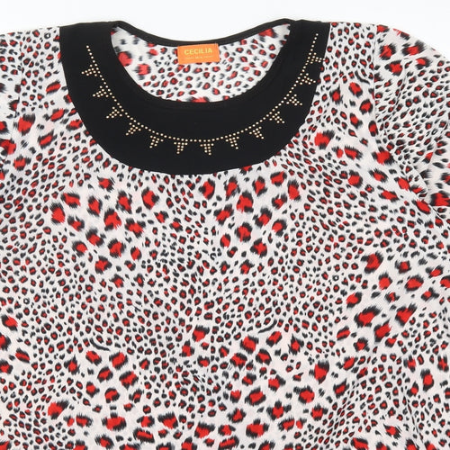 Cecilia Womens Red Animal Print Cotton Basic T-Shirt Size M Round Neck