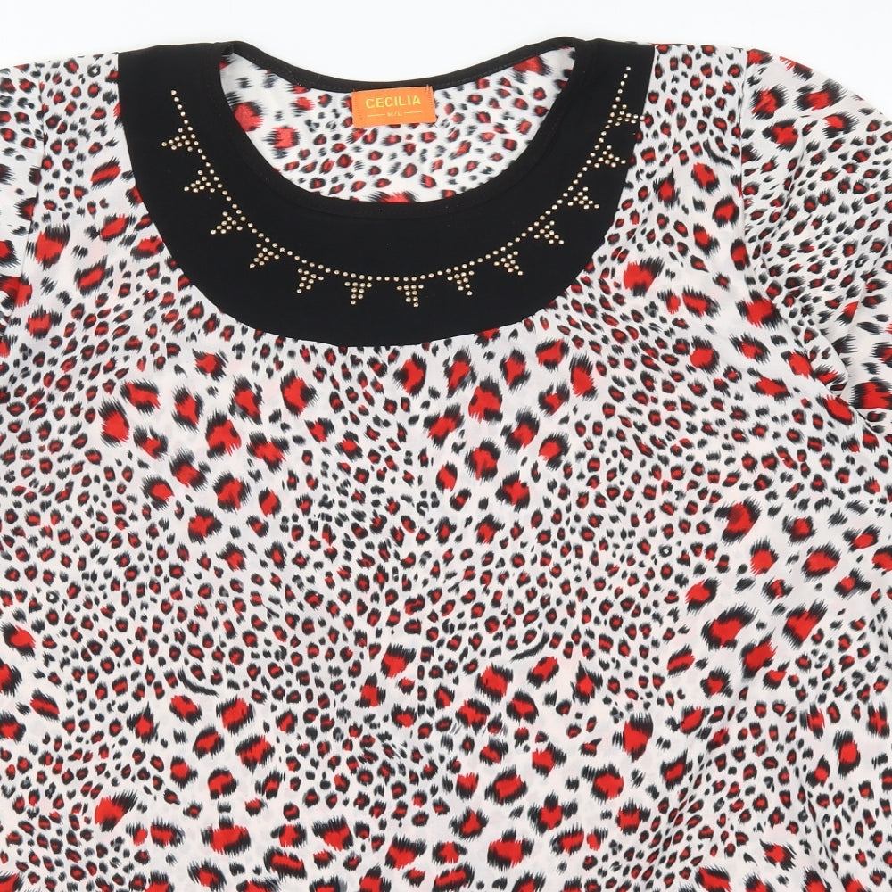 Cecilia Womens Red Animal Print Cotton Basic T-Shirt Size M Round Neck