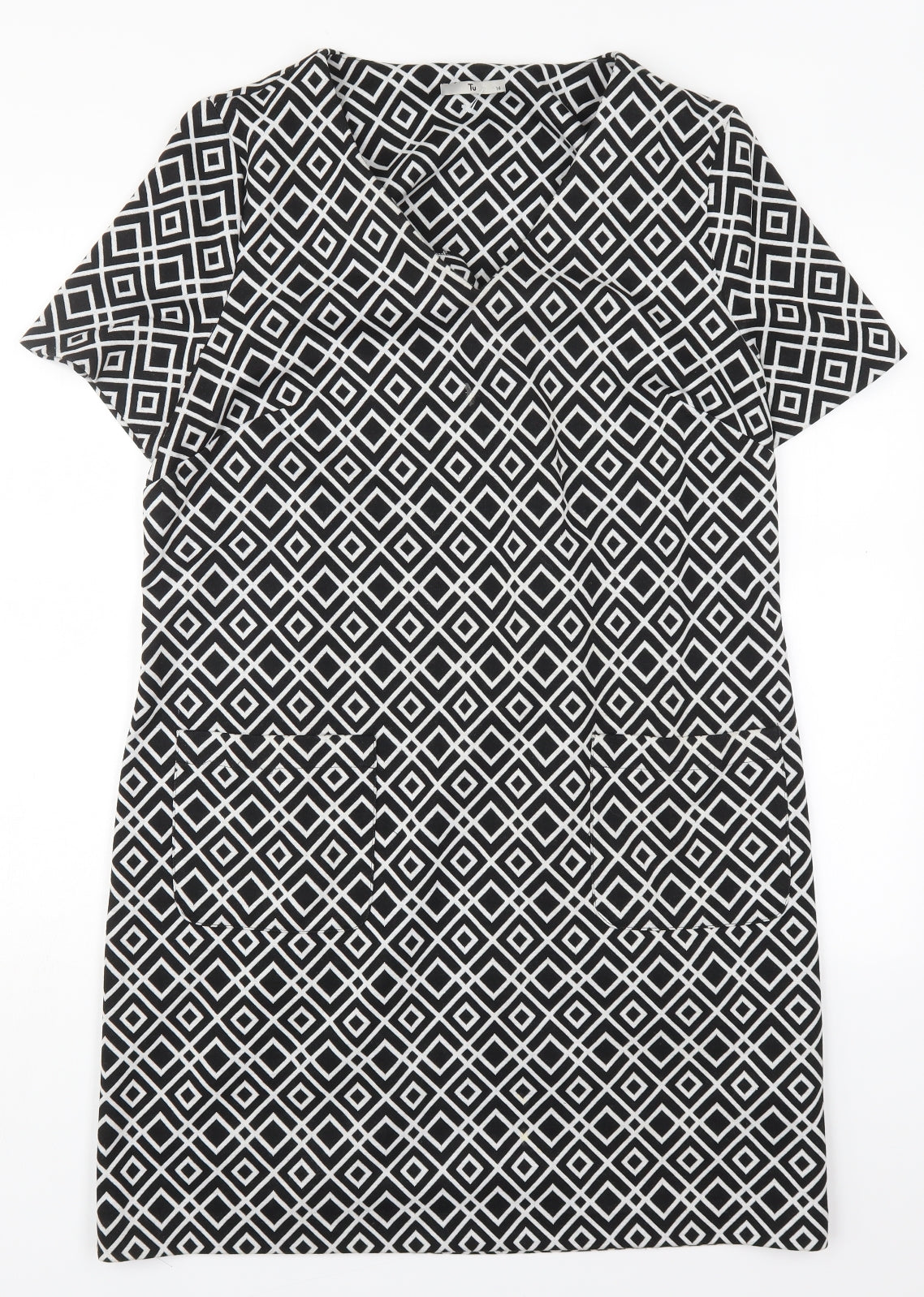TU Womens Black Geometric Polyester A-Line  Size 16  V-Neck Pullover - Black and White