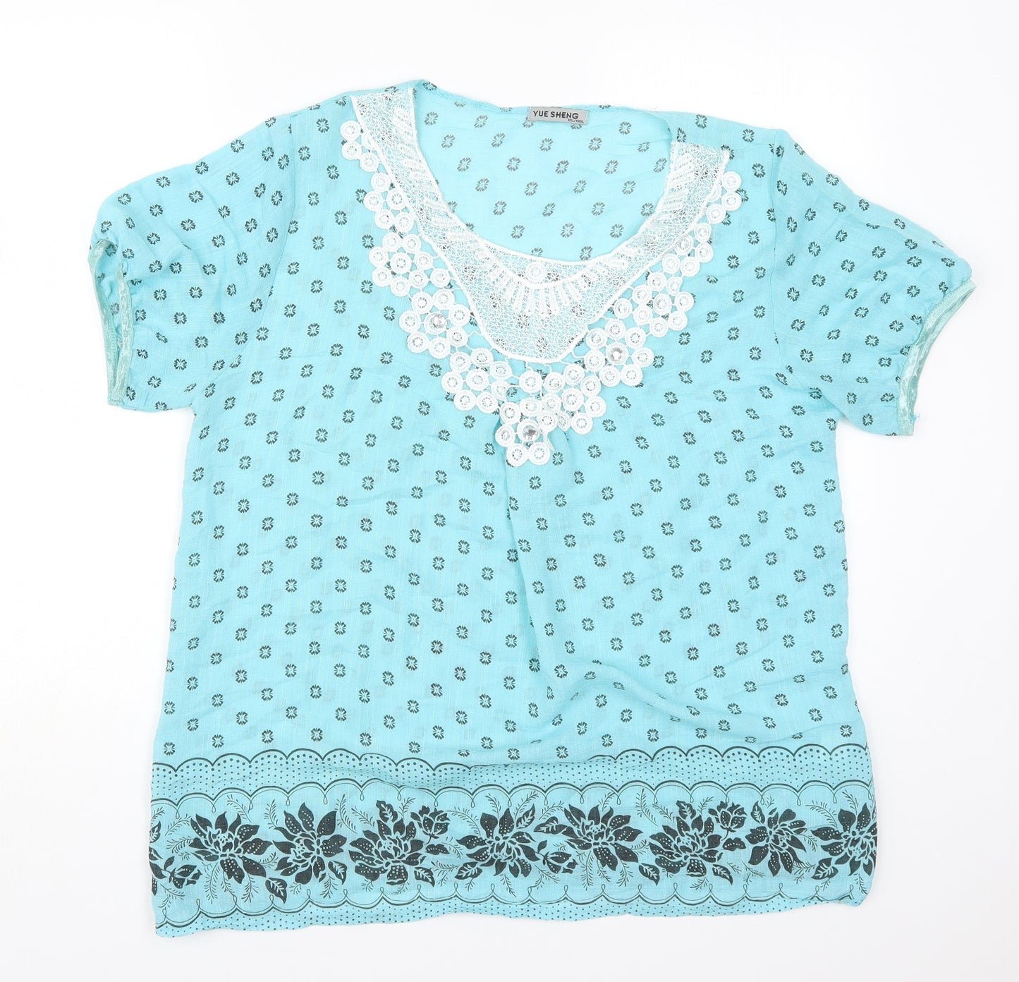 Yue Sheng Womens Blue Geometric Cotton Basic T-Shirt Size 2XL Round Neck