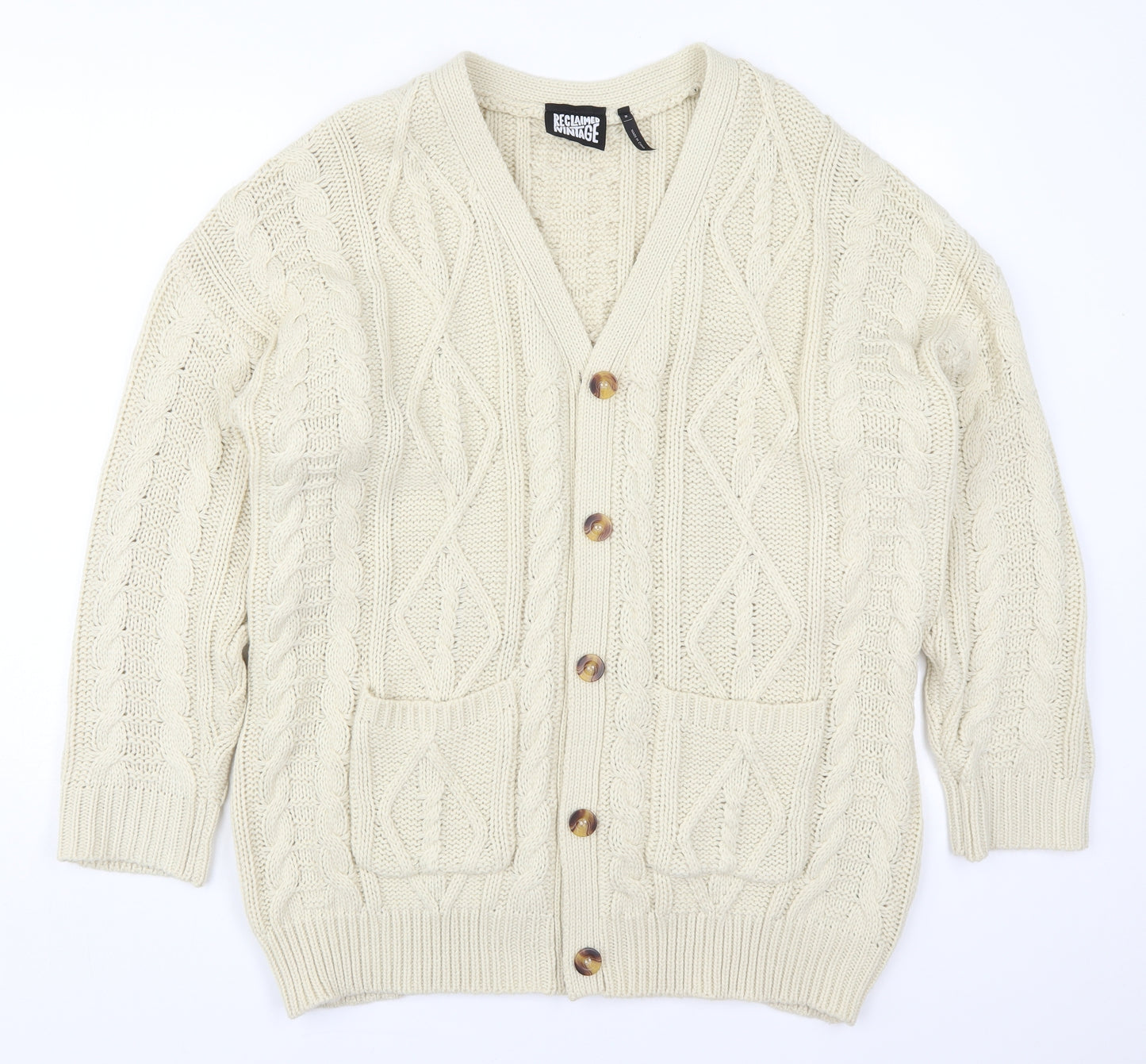 Reclaimed Vintage Womens Beige V-Neck  Acrylic Cardigan Jumper Size M