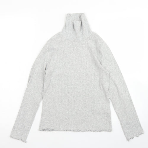 M&S Girls Grey  Cotton Pullover T-Shirt Size 10-11 Years High Neck  - Lettuce edging