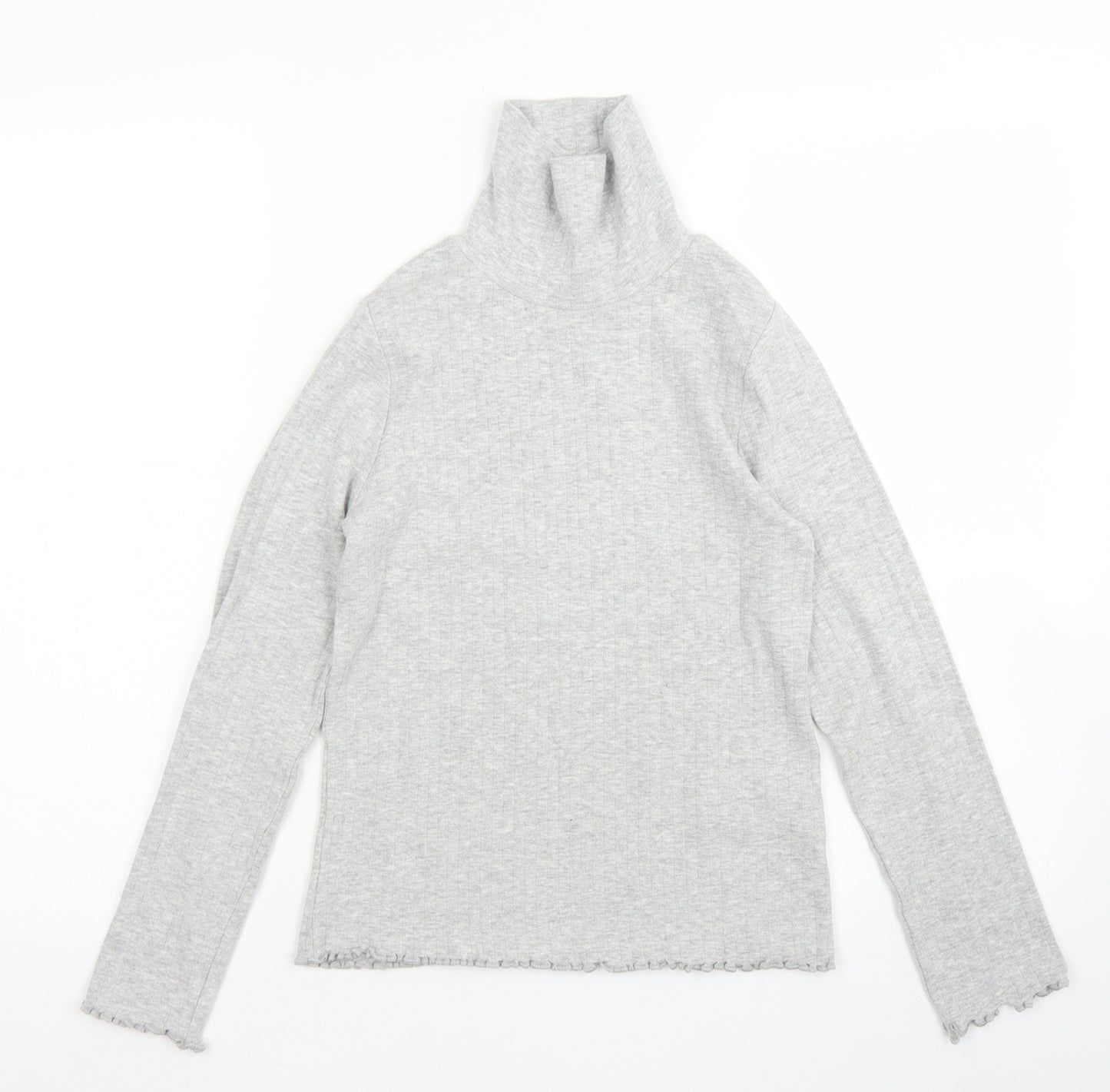 M&S Girls Grey  Cotton Pullover T-Shirt Size 10-11 Years High Neck  - Lettuce edging