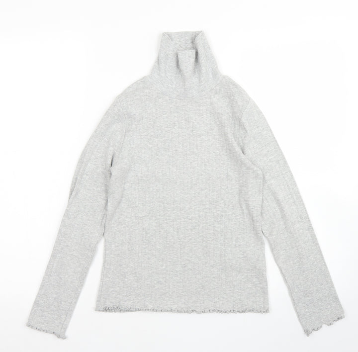 M&S Girls Grey  Cotton Pullover T-Shirt Size 10-11 Years High Neck  - Lettuce edging