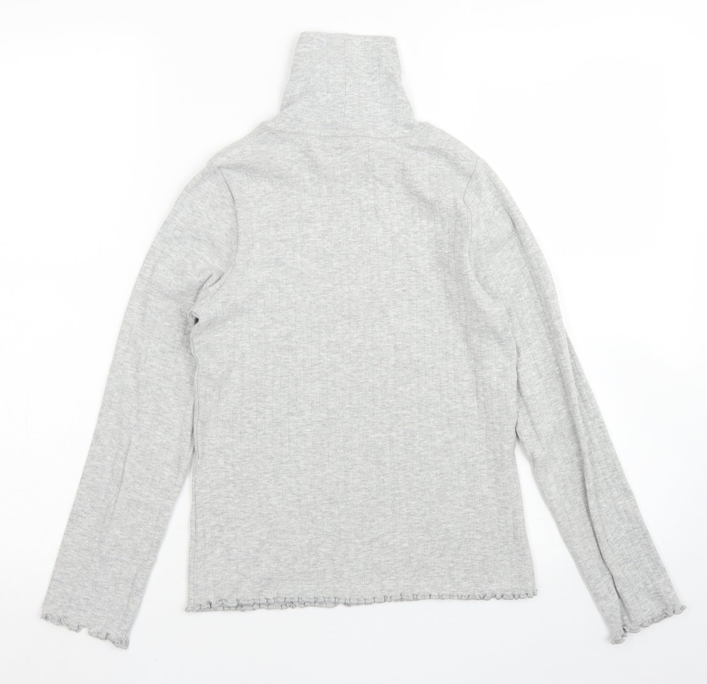 M&S Girls Grey  Cotton Pullover T-Shirt Size 10-11 Years High Neck  - Lettuce edging
