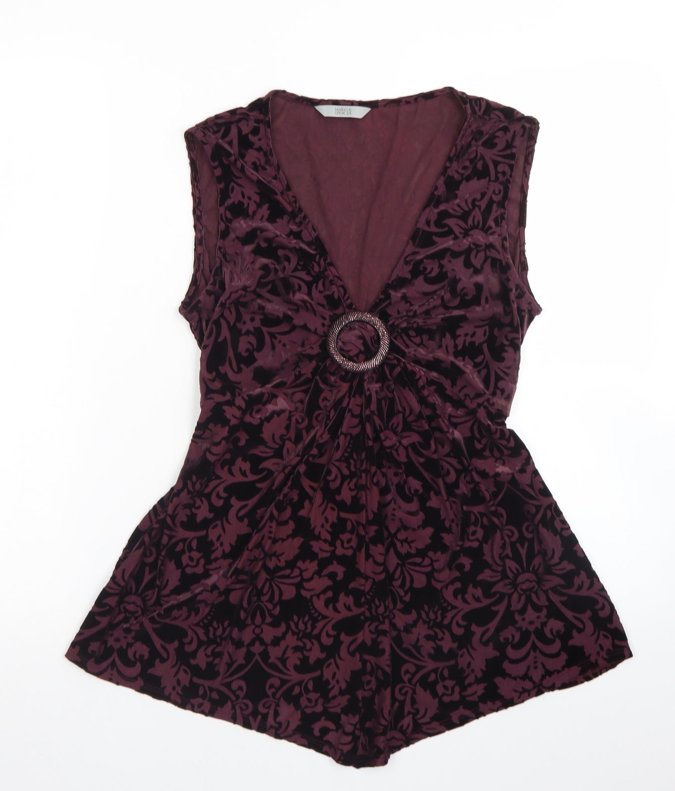 Marks & Spencer Womens Purple Paisley Polyamide Basic Blouse Size 14 V-Neck