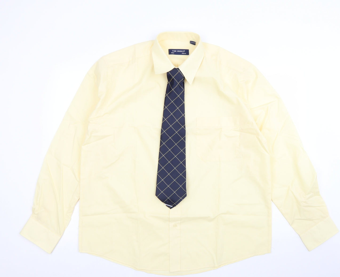 Tom Hagan Mens Yellow  Polyester  Dress Shirt Size 16.5 Collared Button - With Tie