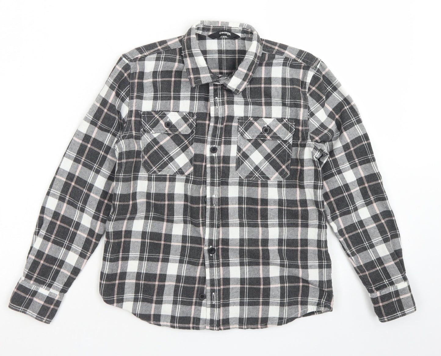 George Girls Grey Plaid Cotton Basic Button-Up Size 8-9 Years Collared Button