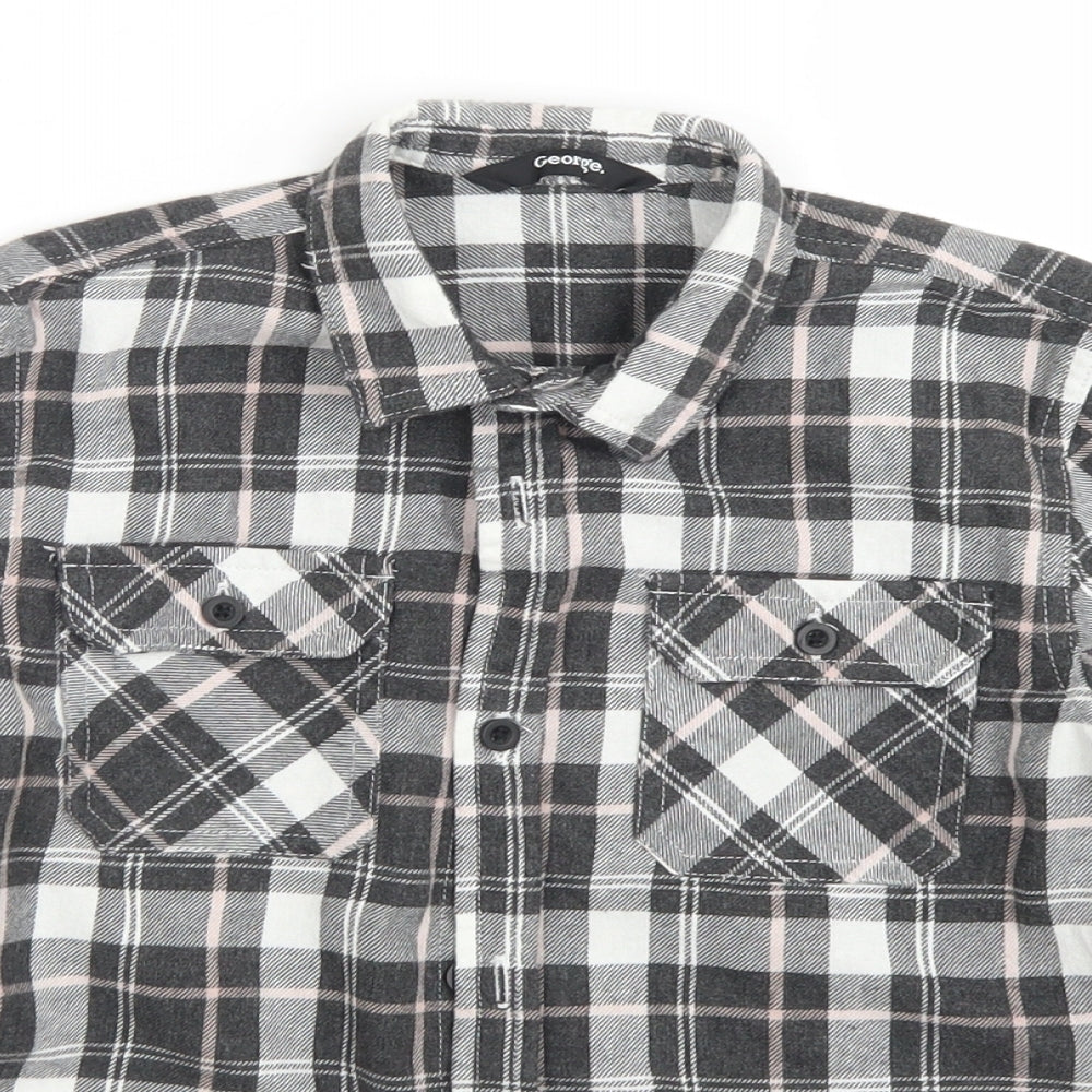 George Girls Grey Plaid Cotton Basic Button-Up Size 8-9 Years Collared Button
