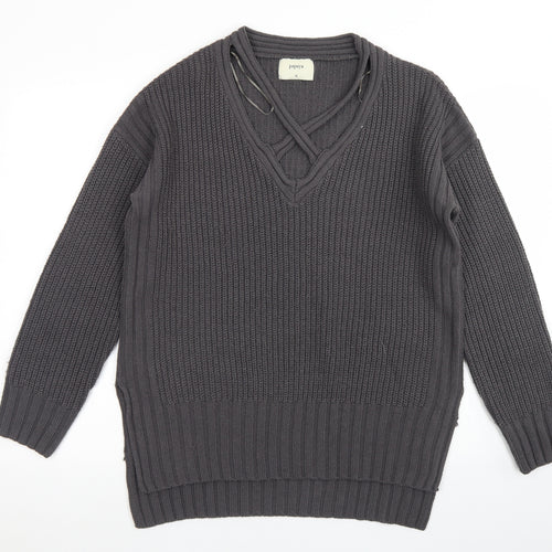 Papaya Womens Grey V-Neck  Acrylic Pullover Jumper Size M