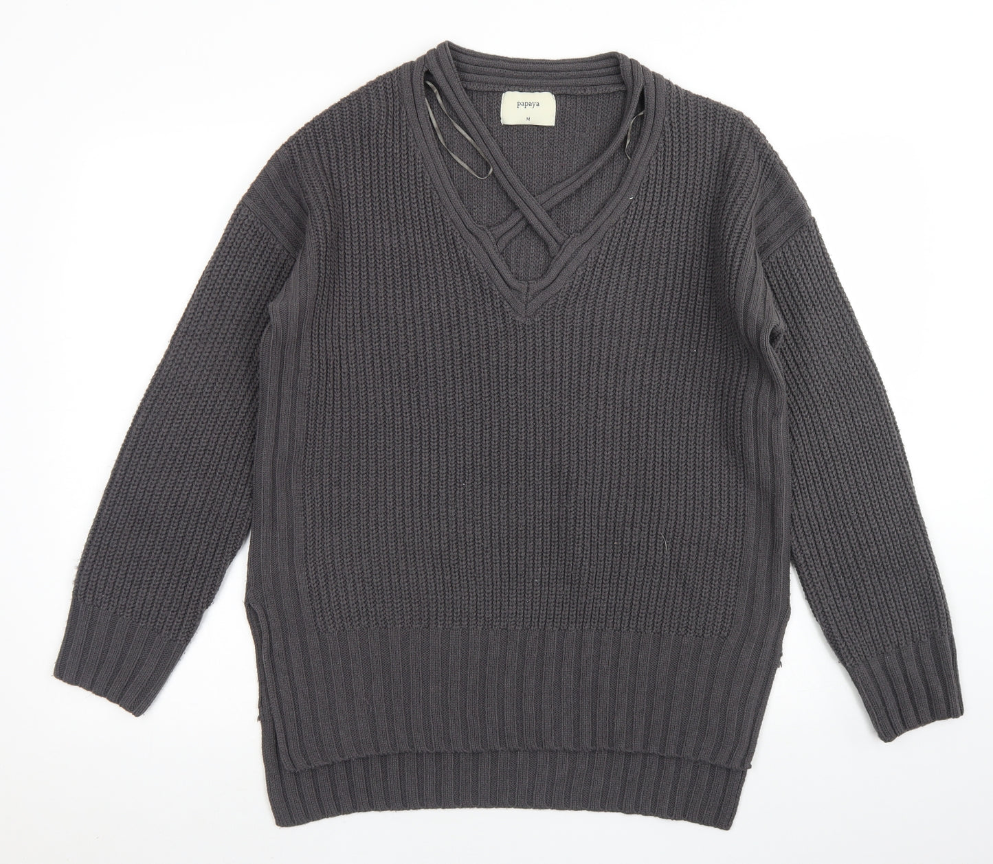 Papaya Womens Grey V-Neck  Acrylic Pullover Jumper Size M