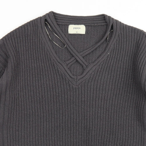 Papaya Womens Grey V-Neck  Acrylic Pullover Jumper Size M