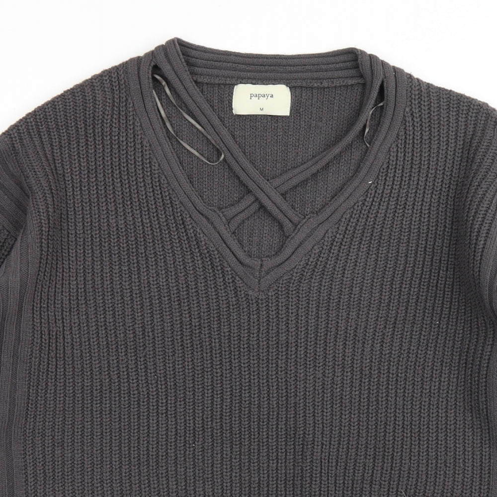 Papaya Womens Grey V-Neck  Acrylic Pullover Jumper Size M
