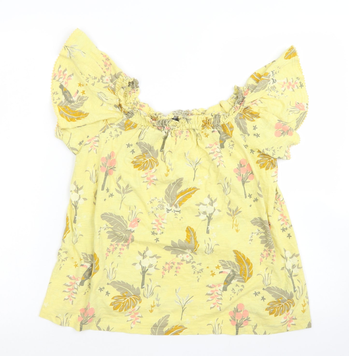 NEXT Womens Yellow Floral Cotton Basic Blouse Size 14 Off the Shoulder