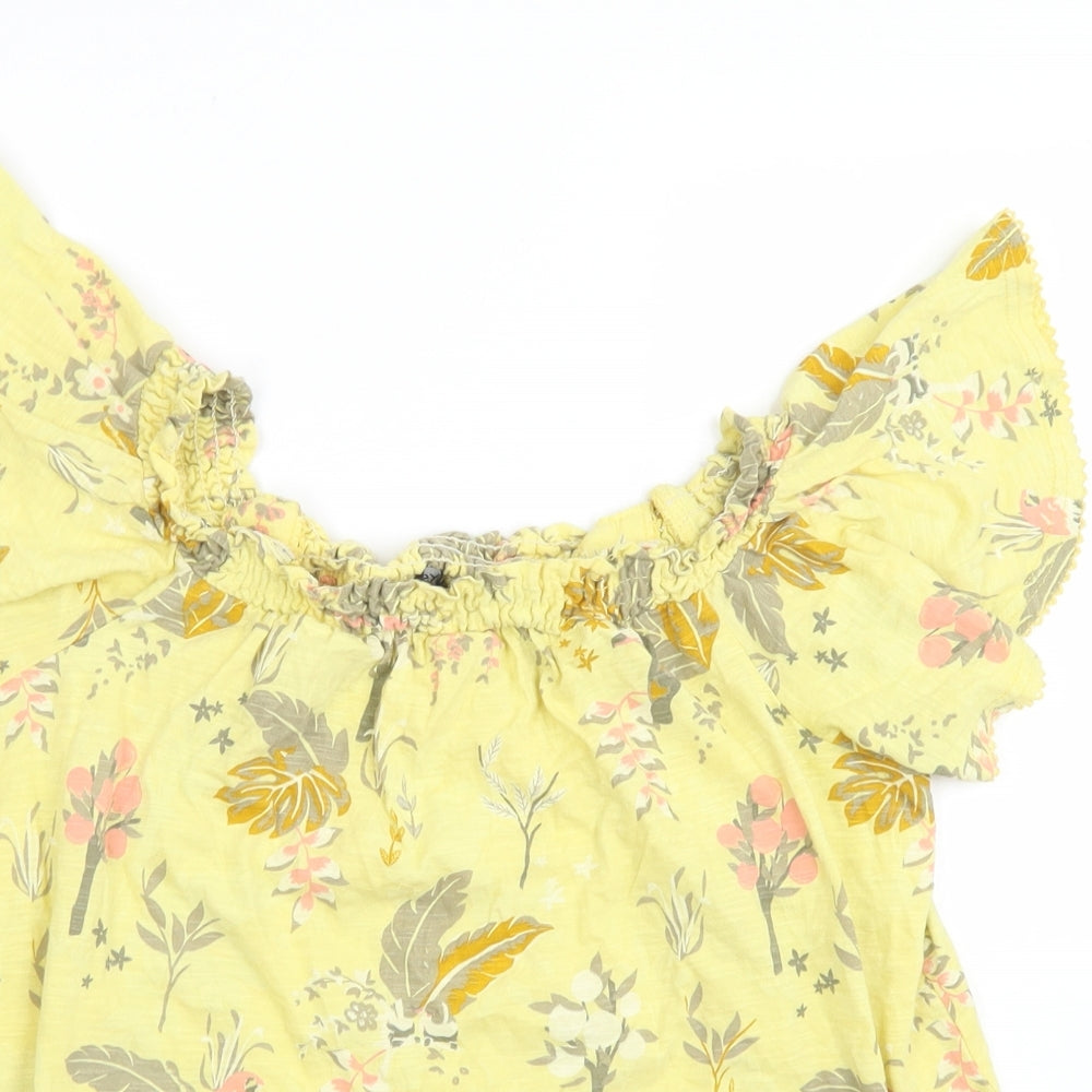 NEXT Womens Yellow Floral Cotton Basic Blouse Size 14 Off the Shoulder
