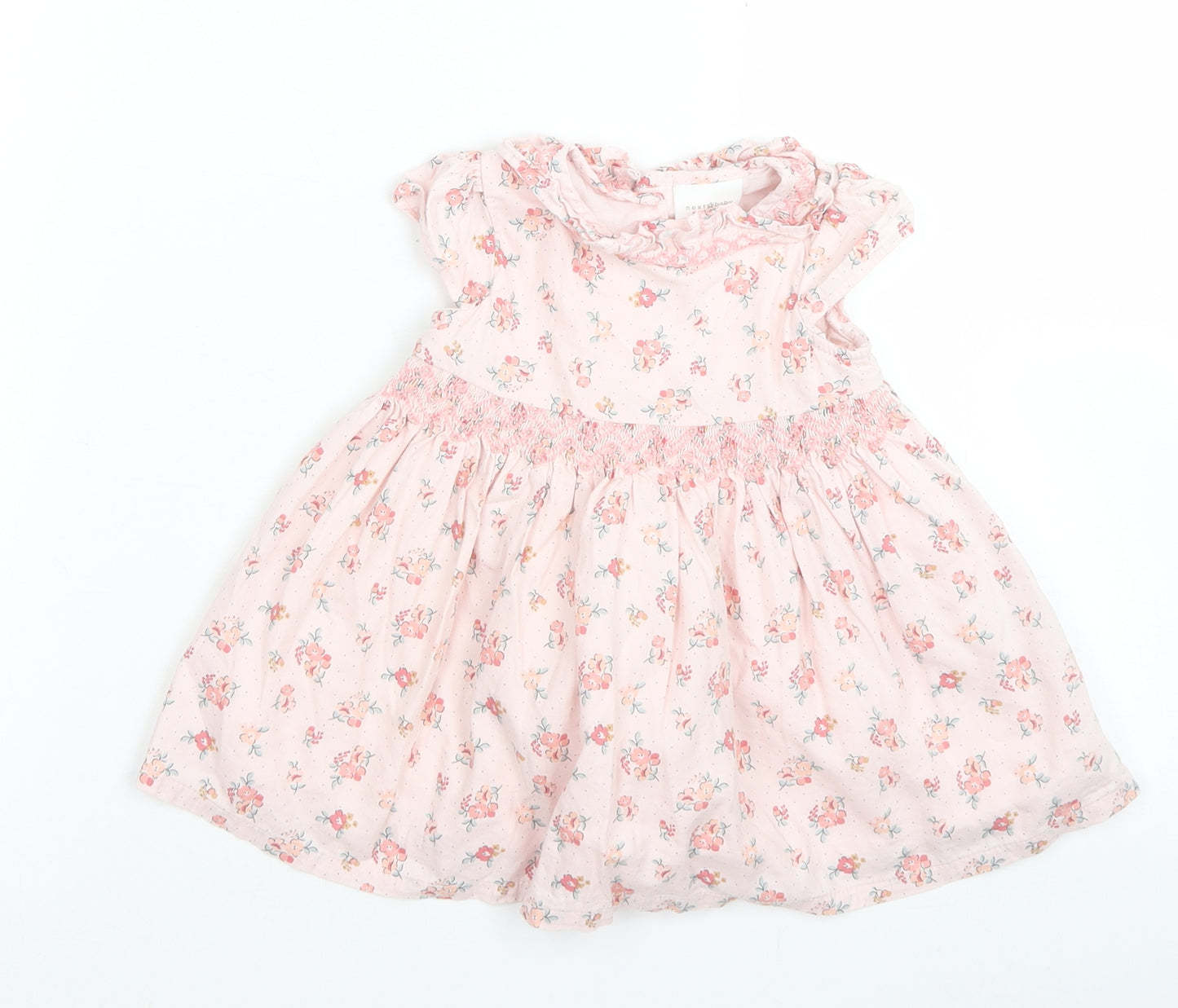 NEXT Girls Pink Floral Cotton Skater Dress  Size 0-3 Months  Crew Neck Button