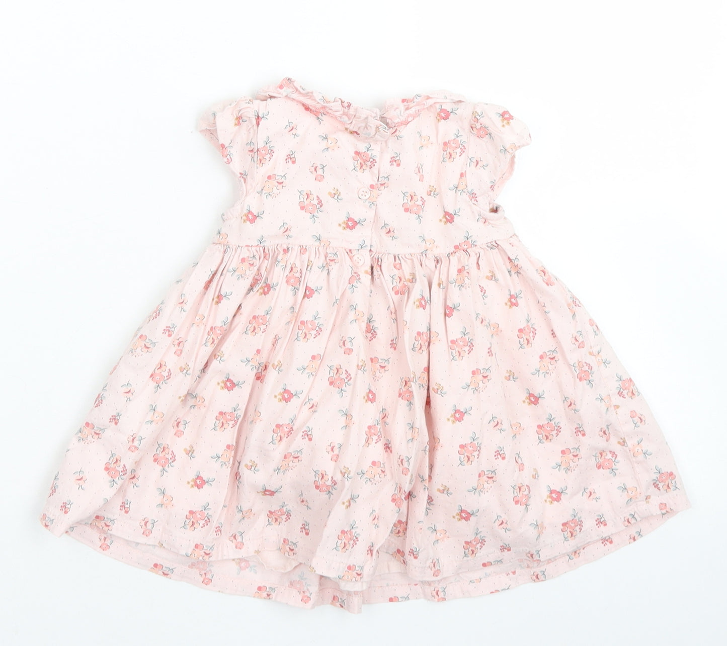 NEXT Girls Pink Floral Cotton Skater Dress  Size 0-3 Months  Crew Neck Button