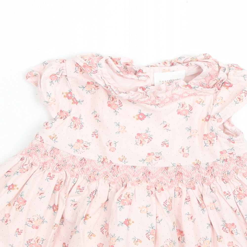 NEXT Girls Pink Floral Cotton Skater Dress  Size 0-3 Months  Crew Neck Button