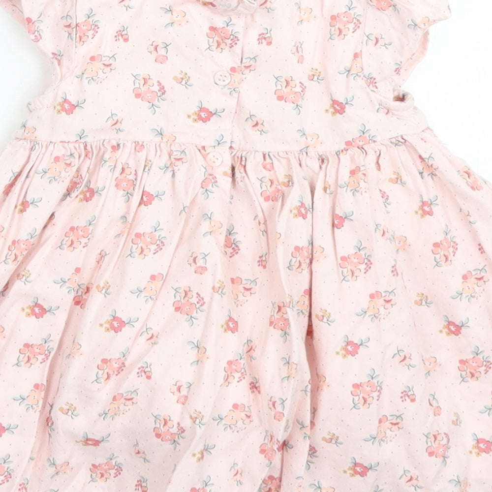 NEXT Girls Pink Floral Cotton Skater Dress  Size 0-3 Months  Crew Neck Button