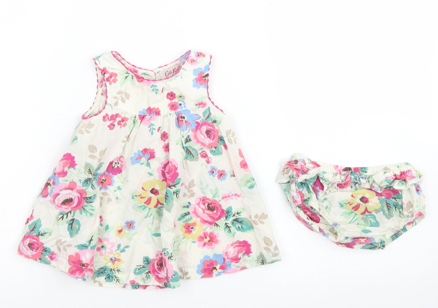 Cath Kids Girls Ivory Floral Cotton Shift  Size 0-3 Months  Round Neck Button - With Bloomers