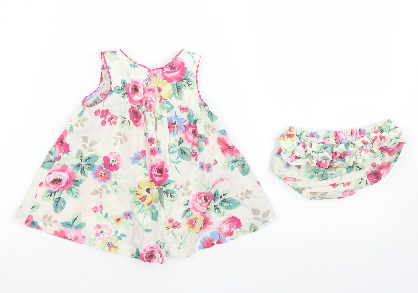 Cath Kids Girls Ivory Floral Cotton Shift  Size 0-3 Months  Round Neck Button - With Bloomers