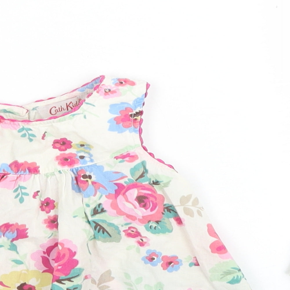 Cath Kids Girls Ivory Floral Cotton Shift  Size 0-3 Months  Round Neck Button - With Bloomers