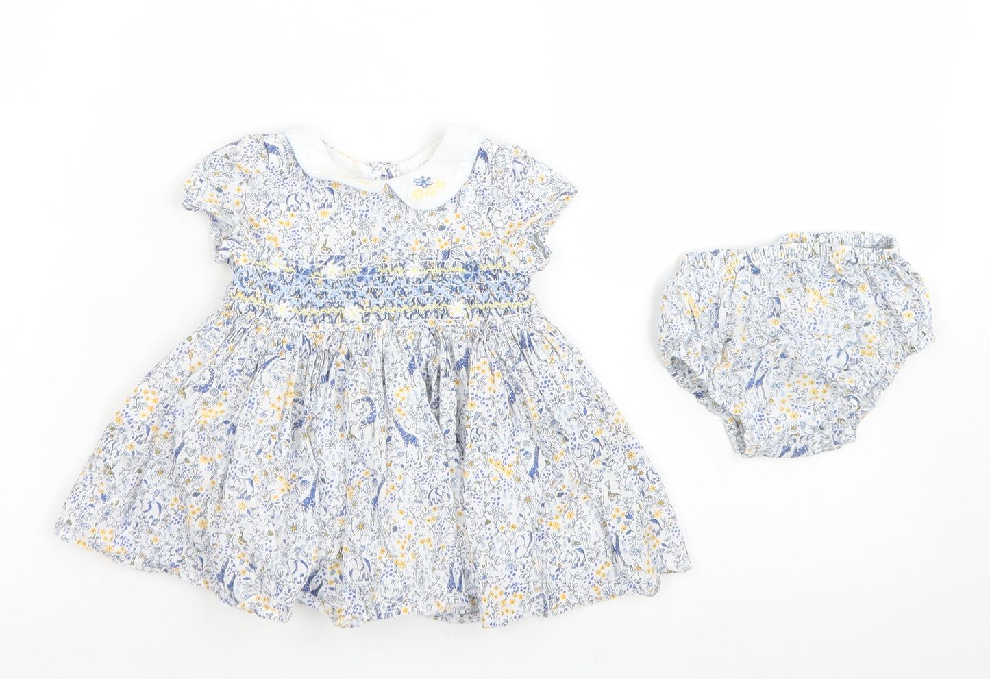 NEXT Girls Blue Floral Cotton Skater Dress  Size 0-3 Months  Collared Button - With Bloomers, up to 1 month