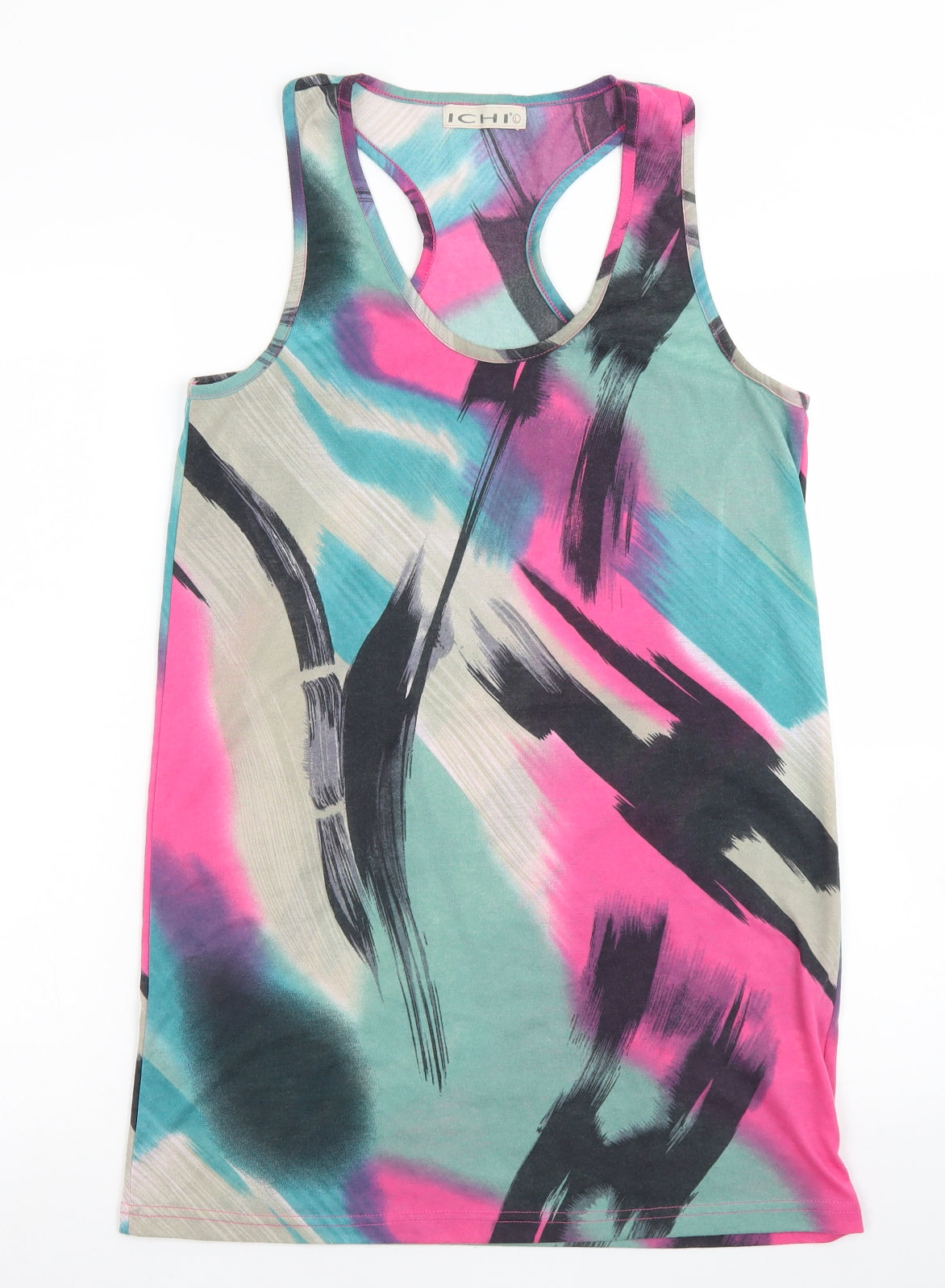 ICHI Womens Blue Geometric Polyester Basic Tank Size L Round Neck