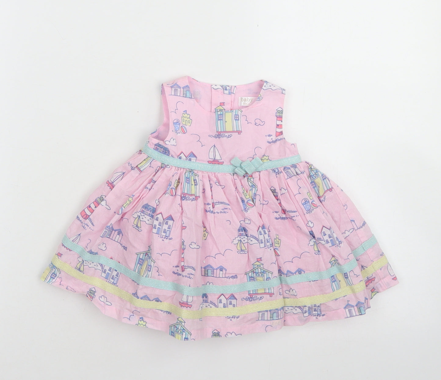 M&Co Girls Pink  Cotton Skater Dress  Size 0-3 Months  Round Neck Button - Beach Print