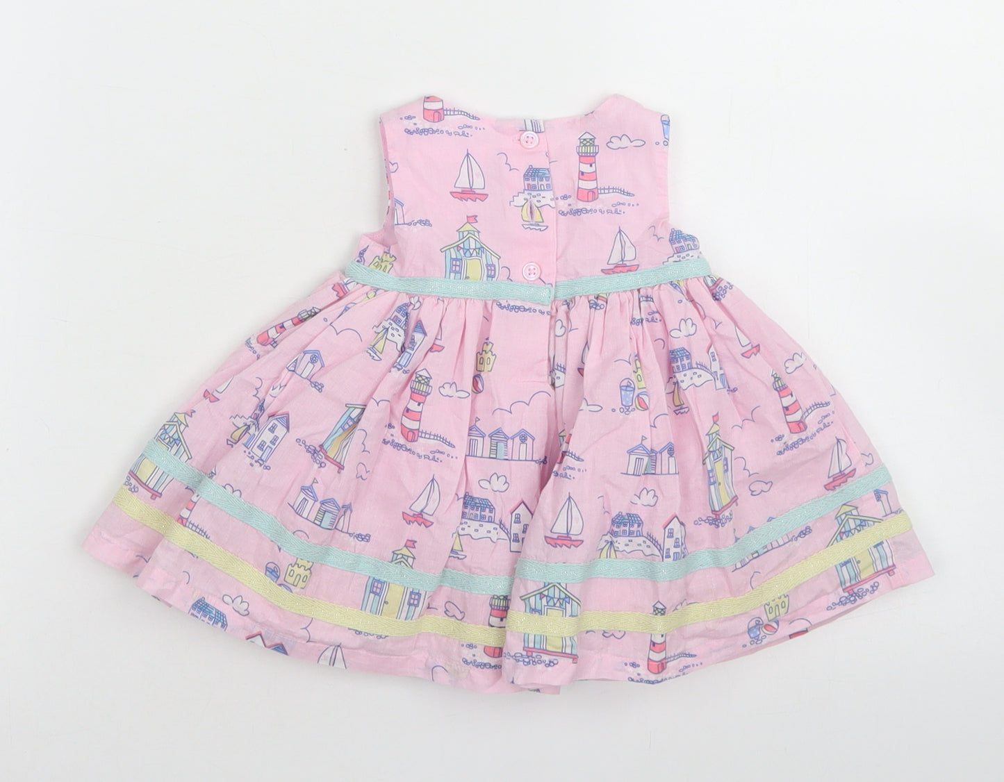 M&Co Girls Pink  Cotton Skater Dress  Size 0-3 Months  Round Neck Button - Beach Print