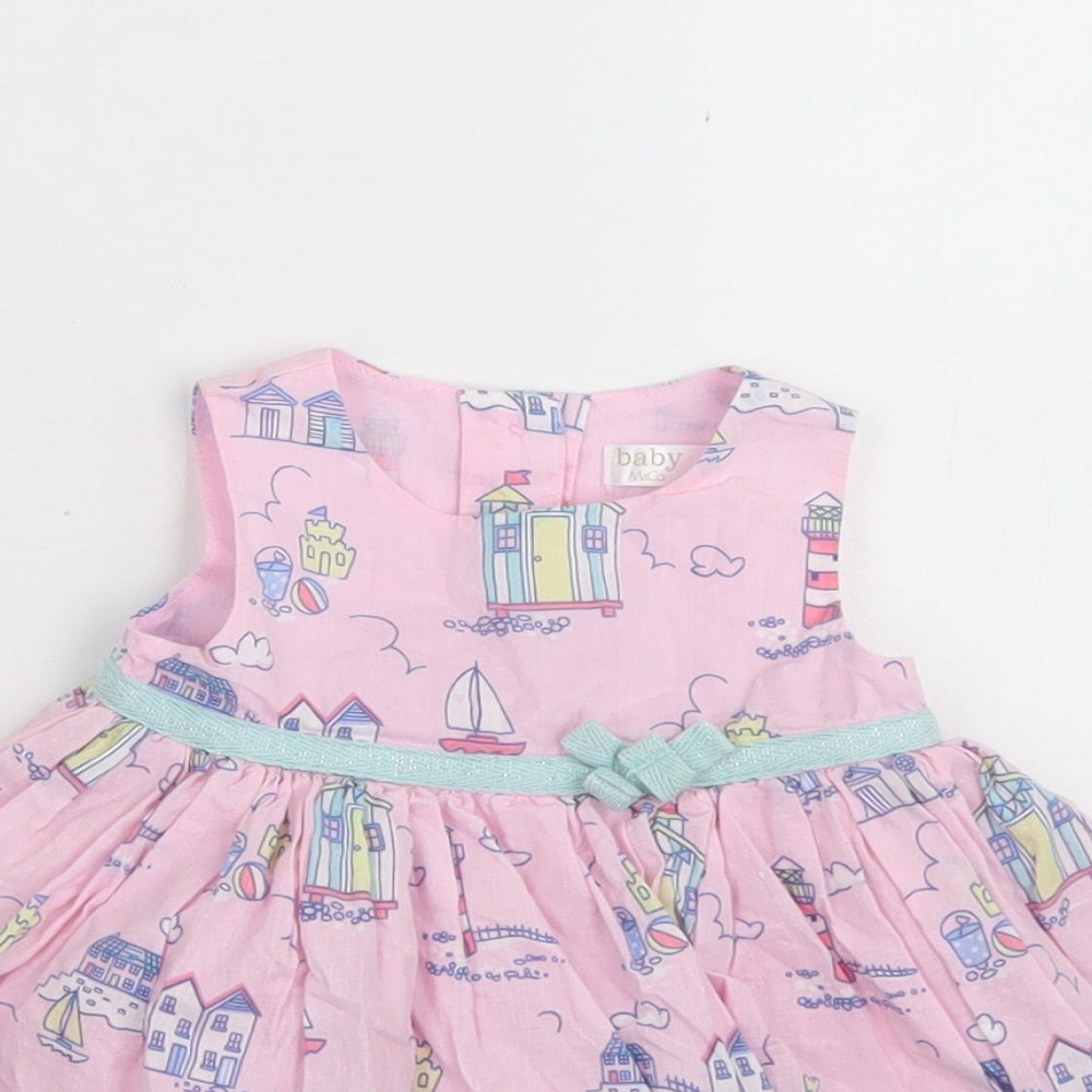 M&Co Girls Pink  Cotton Skater Dress  Size 0-3 Months  Round Neck Button - Beach Print